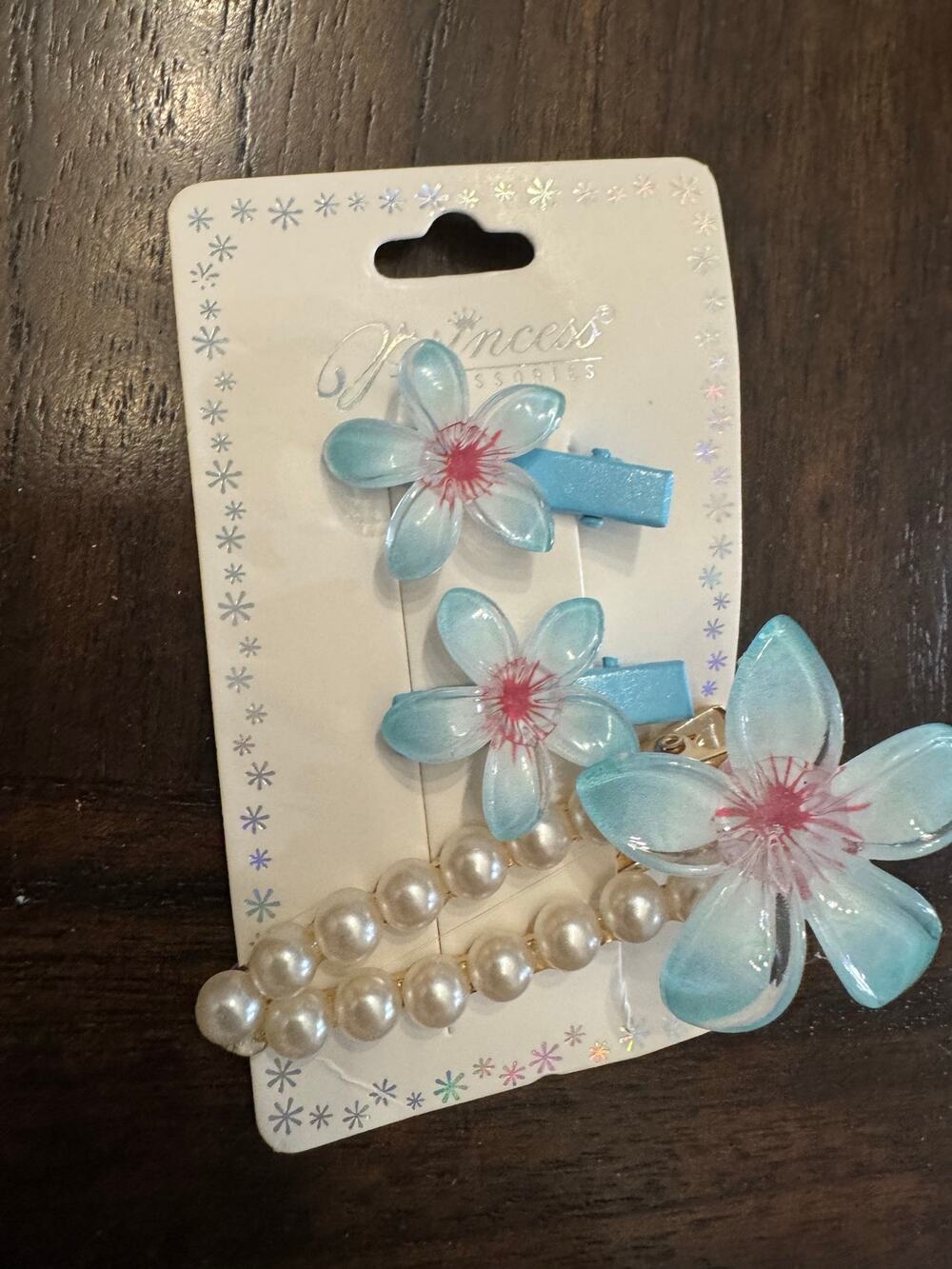 Large Blue flower hair clips with pink centers and pearl hair tie set of 3